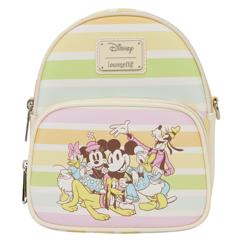 Backpack with cartoon characters on a striped background, featuring the Disney brand.