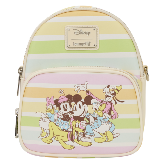 Backpack with cartoon characters on a striped background, featuring the Disney brand.