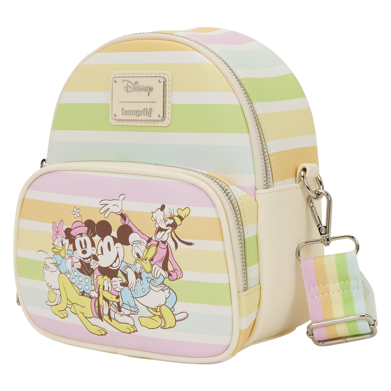Pastel striped backpack with Disney character design on a white background