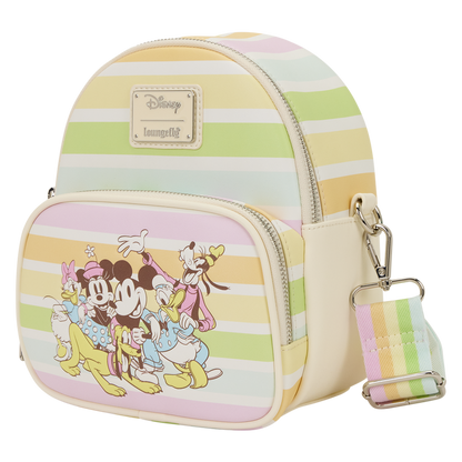 Pastel striped backpack with Disney character design on a white background