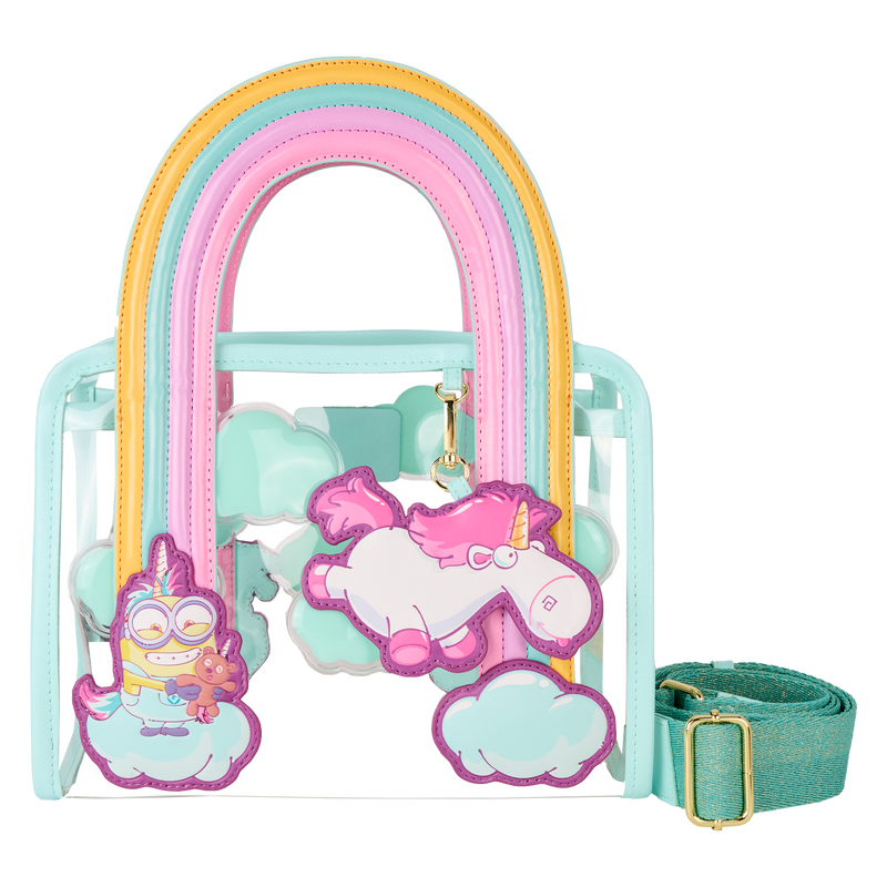 Colorful children's bag with cartoon character and strap on a white background
