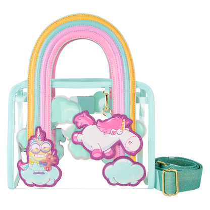 Colorful children's bag with cartoon character and strap on a white background