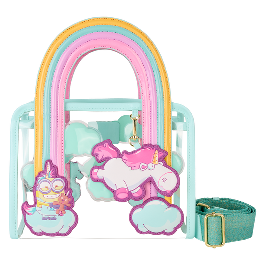 Colorful children's bag with cartoon character and strap on a white background