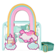 Colorful children's bag with cartoon character and strap on a white background