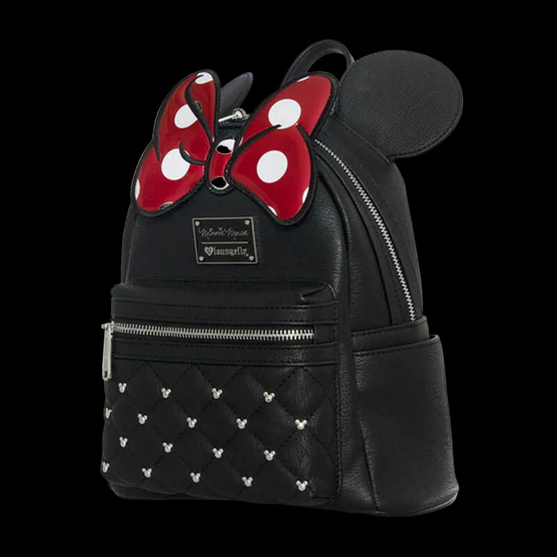 Black backpack with red and white mouse ears on a white background