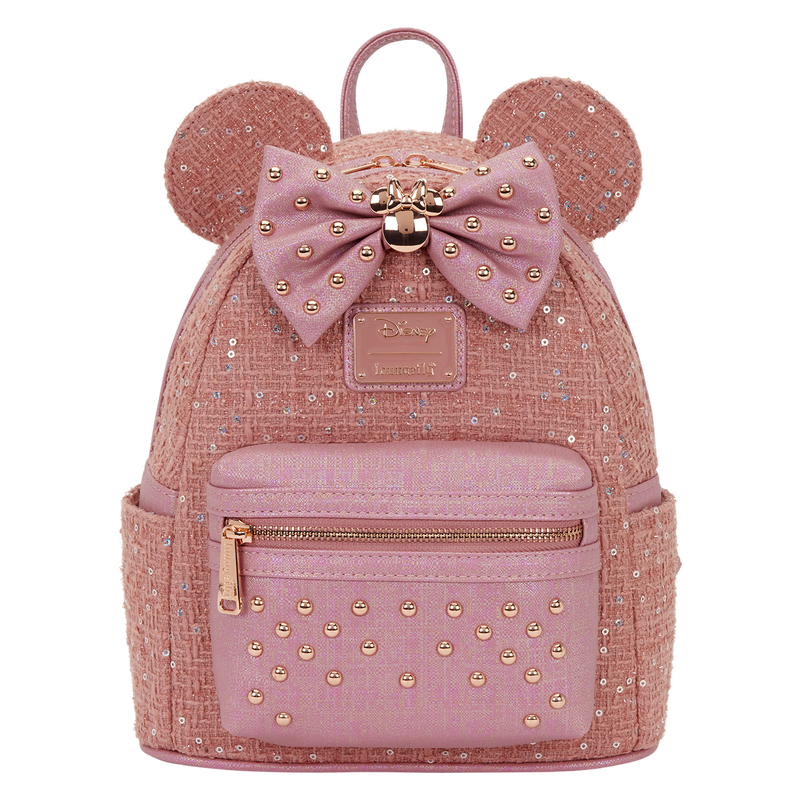 Pink backpack with mouse ears and bow on a white background