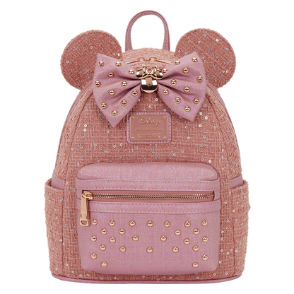 Pink backpack with mouse ears and bow on a white background