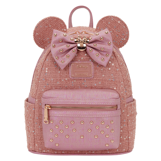 Pink backpack with mouse ears and bow on a white background
