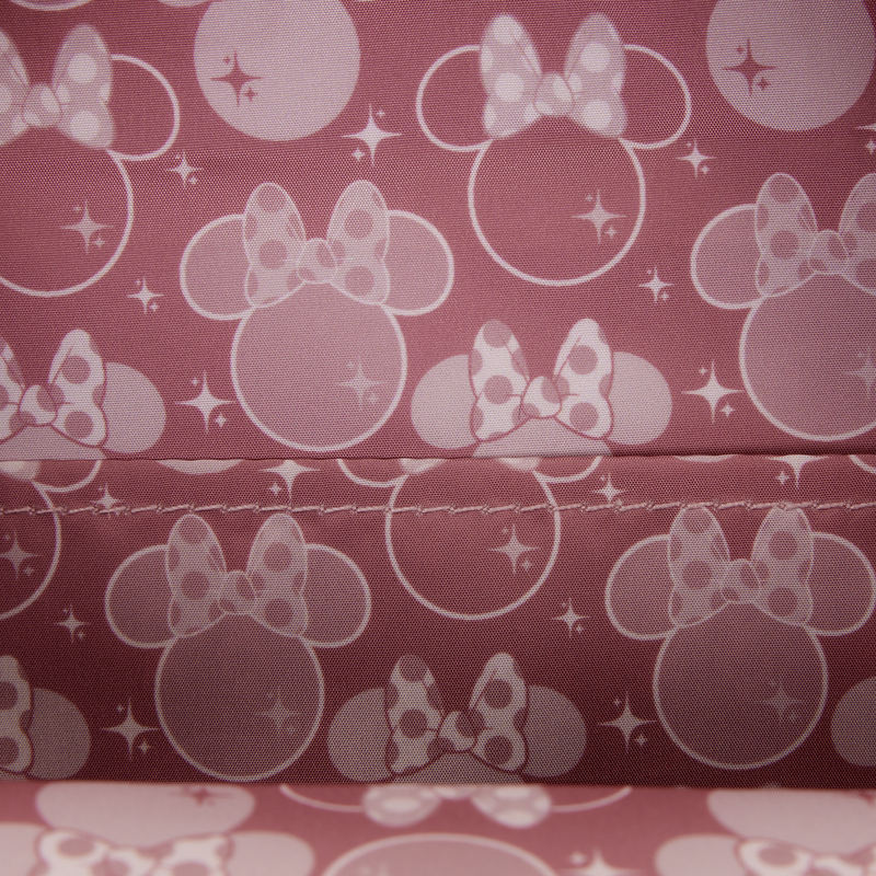 Pattern of Minnie Mouse heads with bows on a pink background