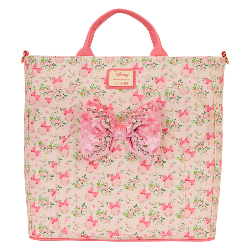 Pink floral bag with a large bow on a white background