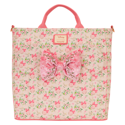 Pink floral bag with a large bow on a white background