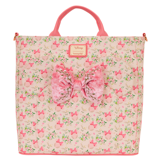 Pink floral bag with a large bow on a white background
