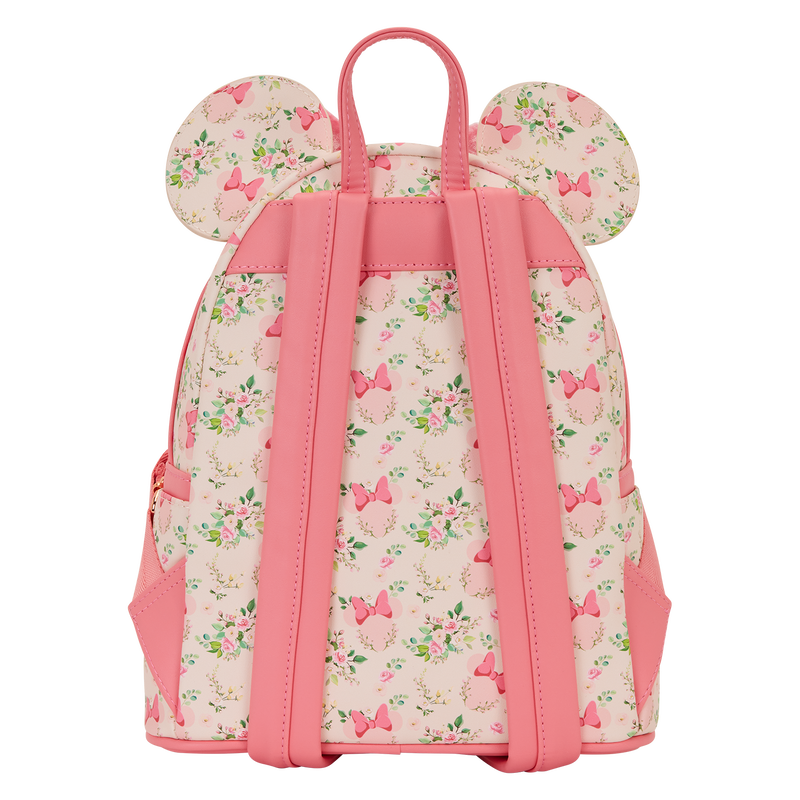 Floral-patterned backpack with pink accents on a white background