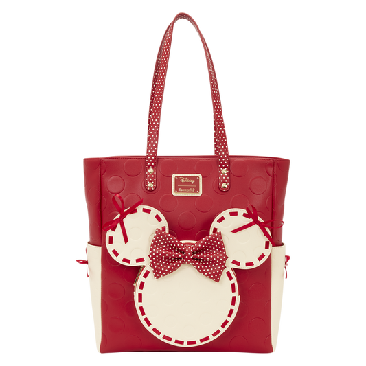 Red tote bag with white polka dot bow and ears on a white background