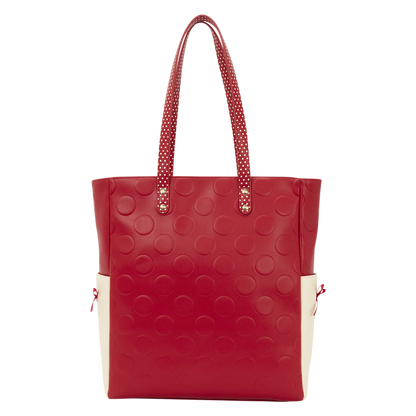 Red tote bag with circular pattern on a white background