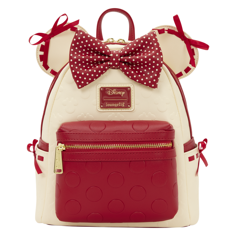Backpack with red polka dot bow and ears on a white background