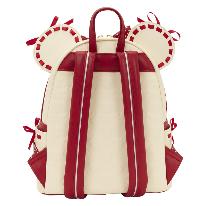 Backpack with red straps and decorative elements on a white background