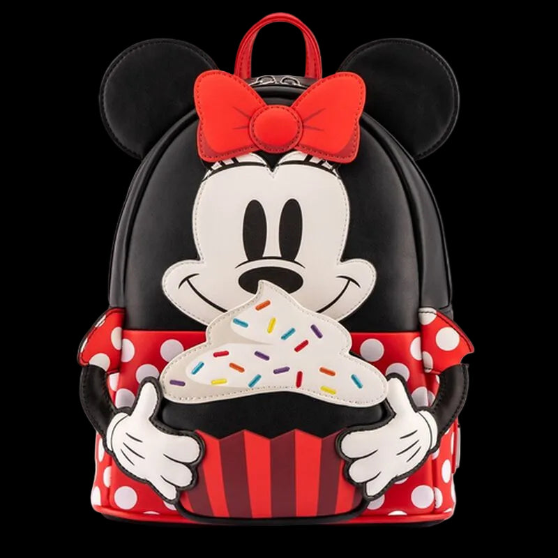 Backpack designed like a character with a red bow and cupcake design on a white background