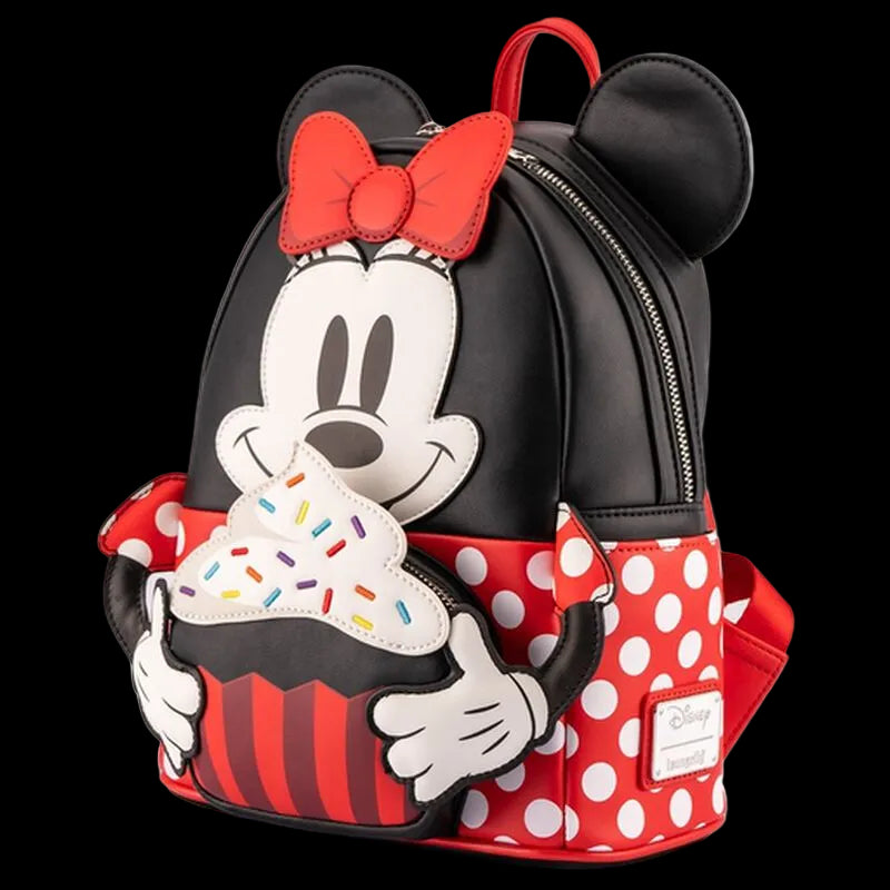 Backpack with Minnie Mouse design holding a ice cream cone on a white background