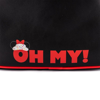 Black apron with red text 'OH MY!' and a cartoon character on a white background