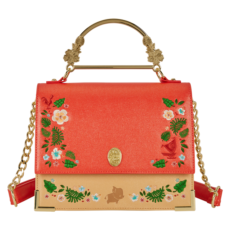 Red handbag with floral and animal designs on a white background