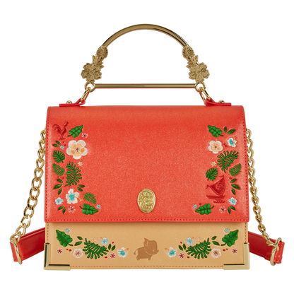 Red handbag with floral and animal designs on a white background