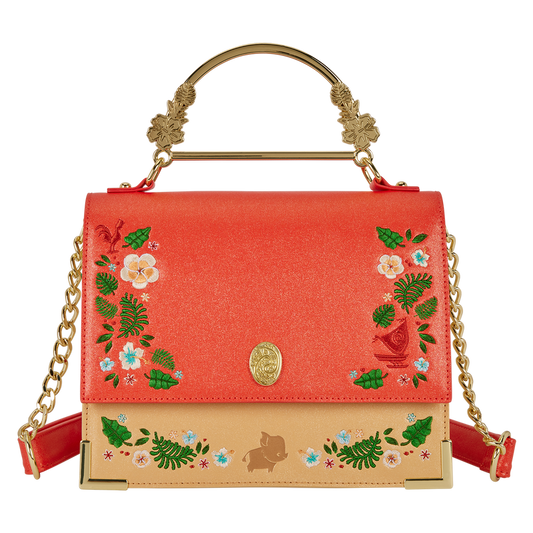 Red handbag with floral and animal designs on a white background