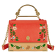 Red handbag with floral and animal designs on a white background