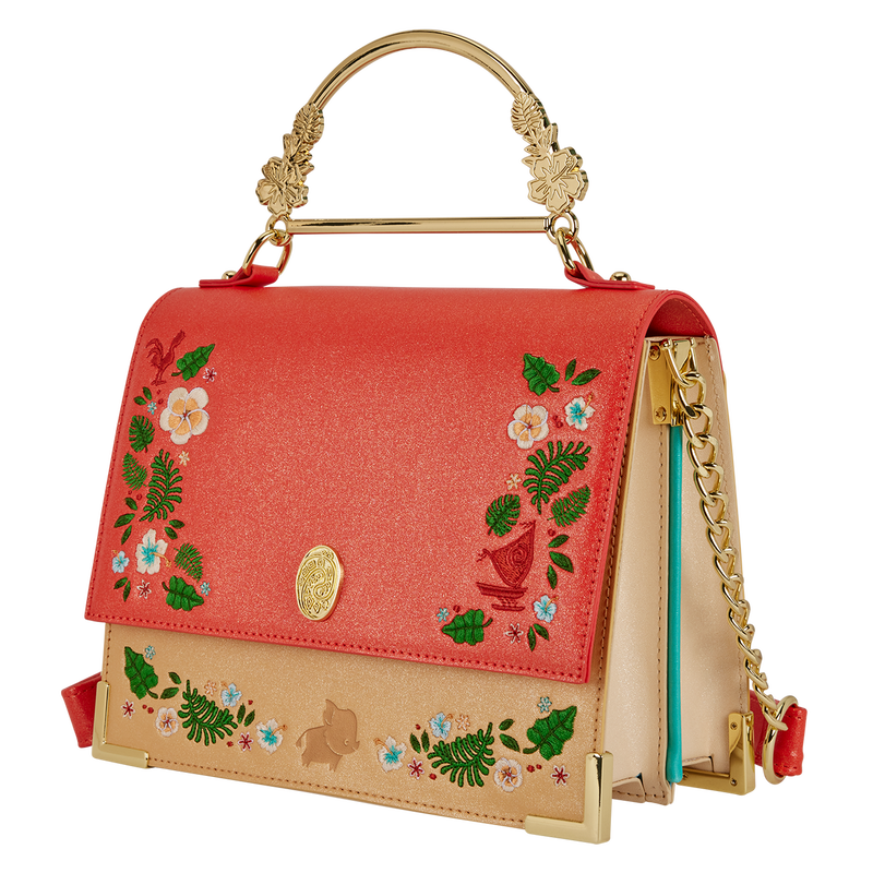 Decorative handbag with floral embroidery and gold accents on a white background