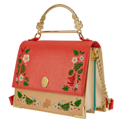 Decorative handbag with floral embroidery and gold accents on a white background