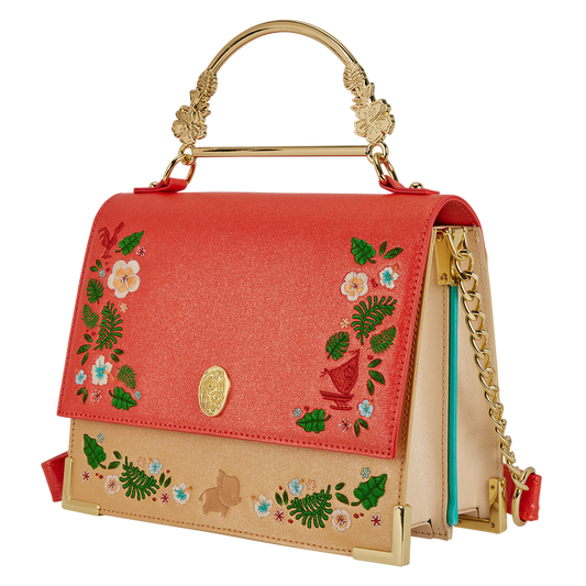 Decorative handbag with floral embroidery and gold accents on a white background