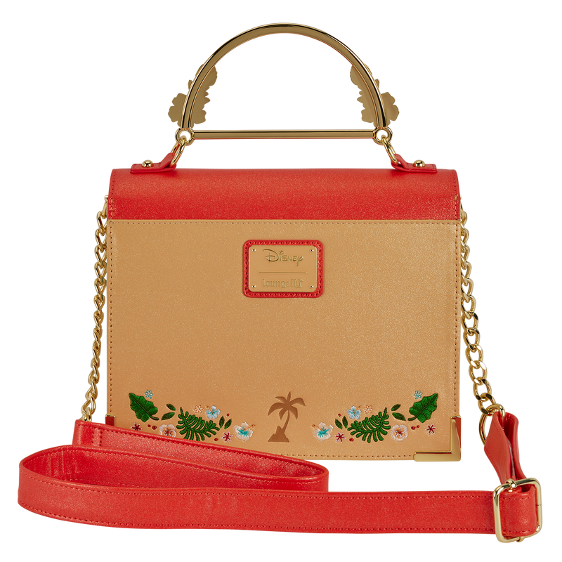 Handbag with red top section and beige bottom section featuring floral designs on a white background