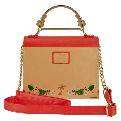 Handbag with red top section and beige bottom section featuring floral designs on a white background