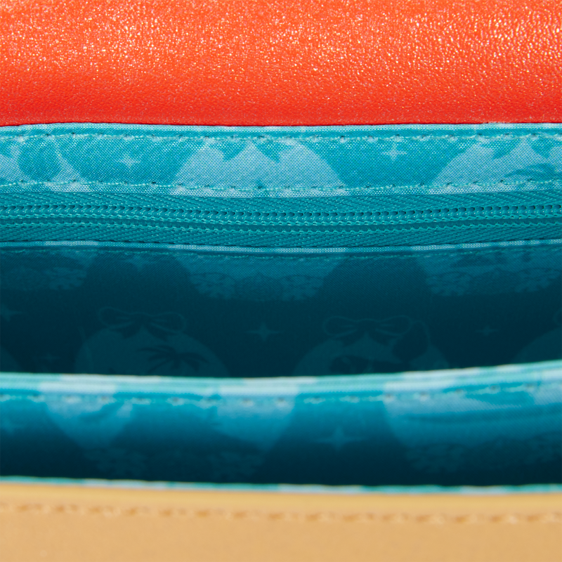 Close-up of three colorful fabric swatches stacked vertically.