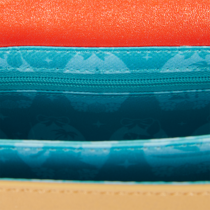 Close-up of three colorful fabric swatches stacked vertically.