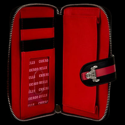 Red wallet with 'Chicago Bulls' text and black strap on a white background
