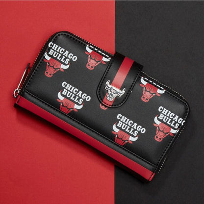 Black wallet with Chicago Bulls logo on a red and black background