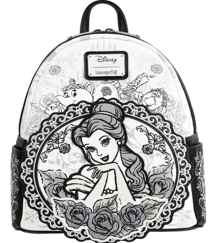 Backpack with Disney design featuring a character surrounded by roses on a clear background.