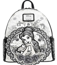 Backpack with Disney design featuring a character surrounded by roses on a clear background.