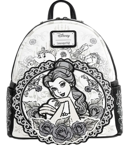 Backpack with Disney design featuring a character surrounded by roses on a clear background.