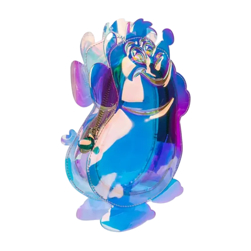 Colorful glass sculpture of a peacock on a white background