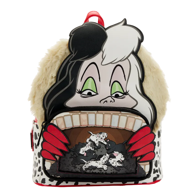 Backpack with cartoon character design featuring a face and hands holding puppies.