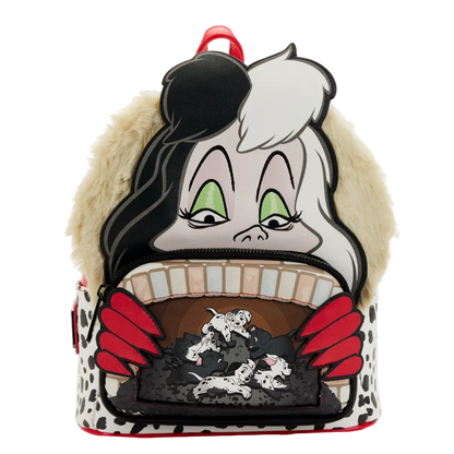 Backpack with cartoon character design featuring a face and hands holding puppies.