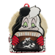 Backpack with cartoon character design featuring a face and hands holding puppies.