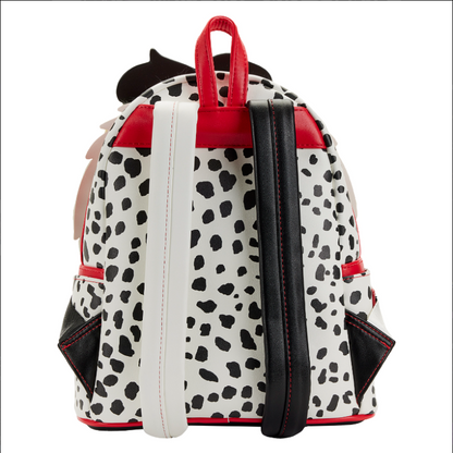 Backpack with dalmatian pattern and red accents on a white background