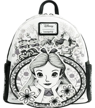 Backpack with Disney design featuring a character and flowers, branded with 'Loungfly'.