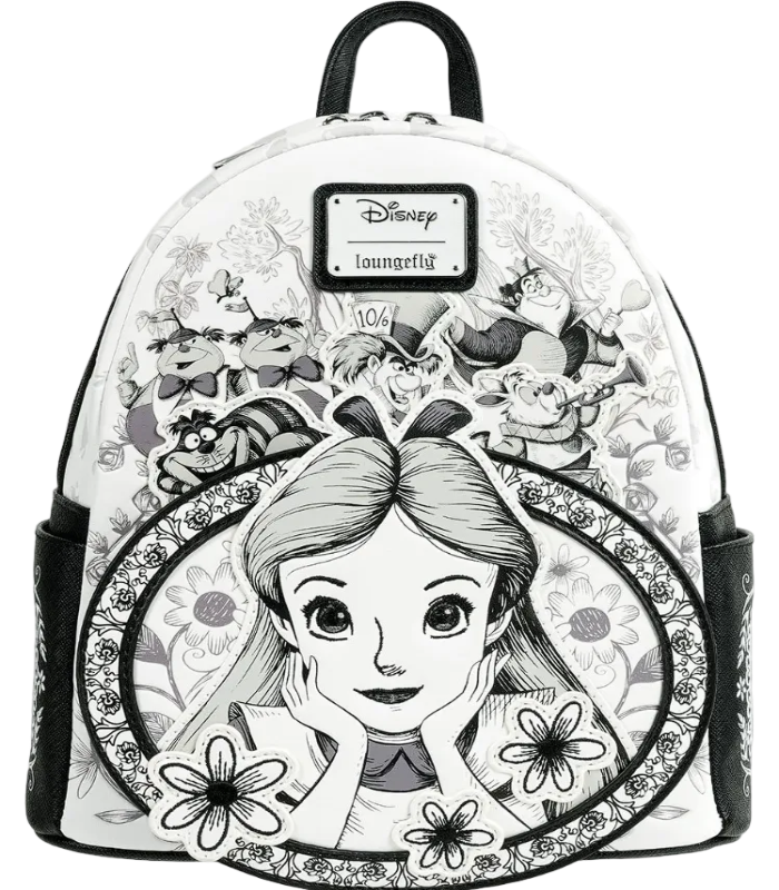 Backpack with Disney design featuring a character and flowers, branded with 'Loungfly'.