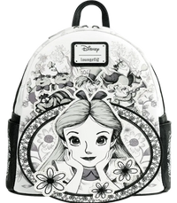 Backpack with Disney design featuring a character and flowers, branded with 'Loungfly'.