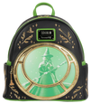 Backpack with green and black design featuring a witch and broomstick, with a phone screen showing a similar design.