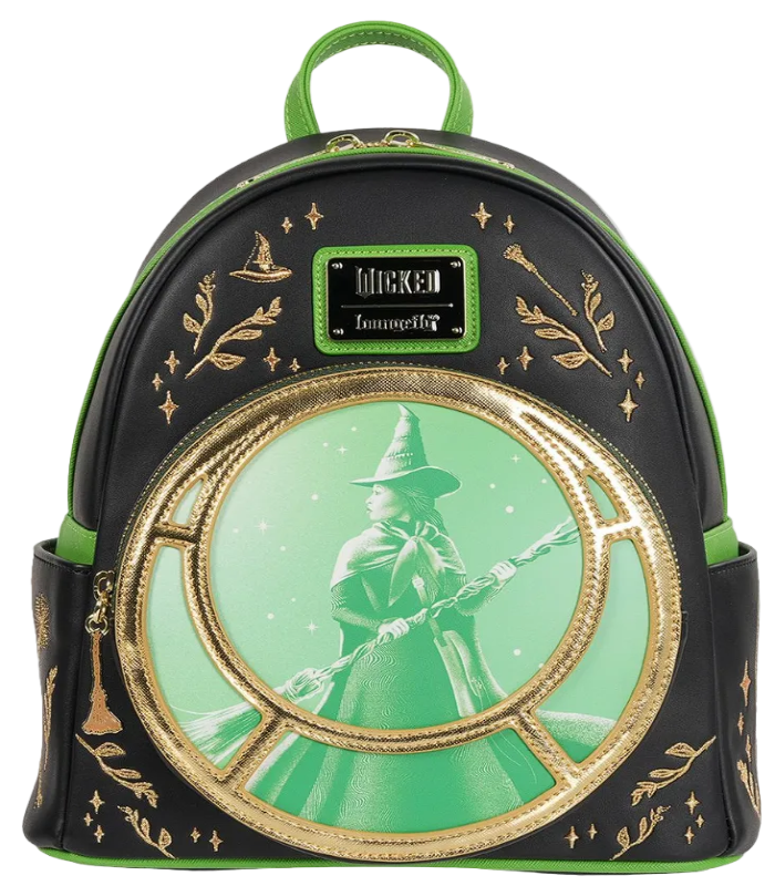 Backpack with green and black design featuring a witch and broomstick, with a phone screen showing a similar design.